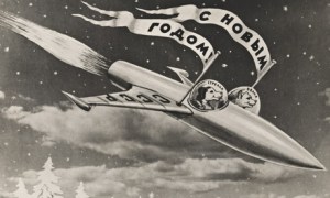 Space walkies … a postcard of Belka and Strelka in their rocket. Photograph: Fuel Publishing