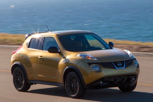 Nissan Juke - "This little urban runabout offers a low, carlike ride height for easy in and out, especially via the large rear hatch. A combination of coupe, crossover and hatchback, the Juke offers just the right amount of size and utility for small-to-medium dogs that ride in carriers. Tether down the crate, and get out of the city for the weekend!"