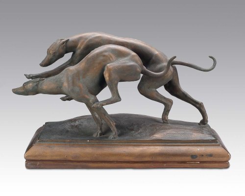 Greyhounds Unleashed, a plaster sculpture dated 1928 by Katharine Lane Weems
