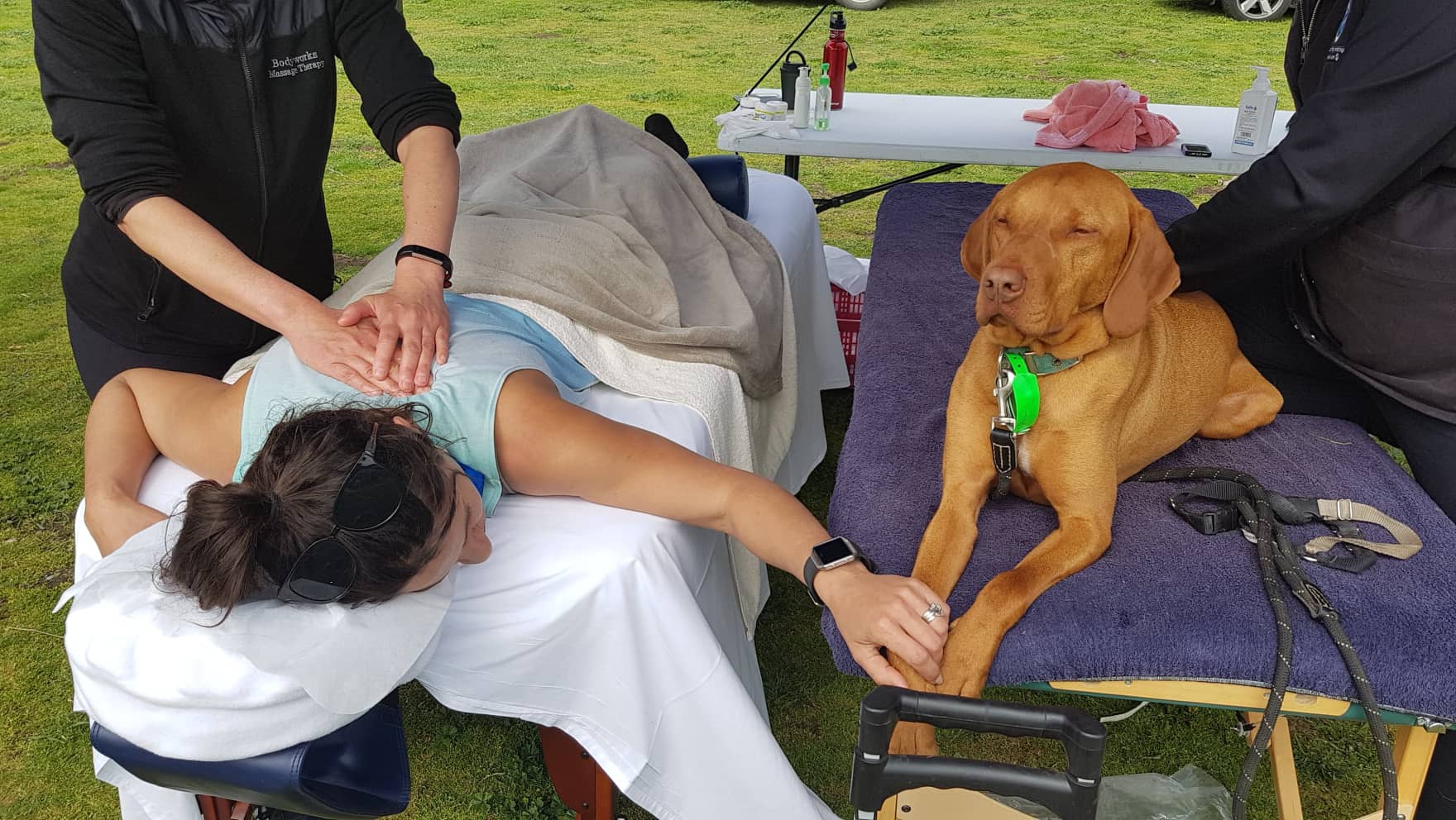 Hand holding at the massage tent